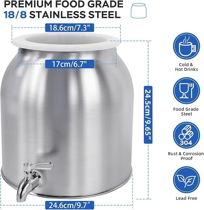 10L Stainless Steel Water Dispenser, Countertop Water Dispenser for 11L-18L Bottle, Water Crock Beverage Dispenser with Stainless Steel Spigot & Lid for Parties Lemonade, Home Water (Silver)
