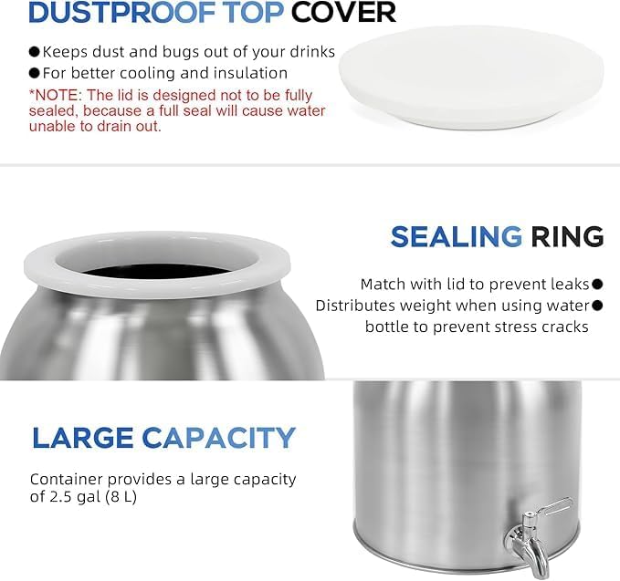 10L Stainless Steel Water Dispenser, Countertop Water Dispenser for 11L-18L Bottle, Water Crock Beverage Dispenser with Stainless Steel Spigot & Lid for Parties Lemonade, Home Water (Silver)