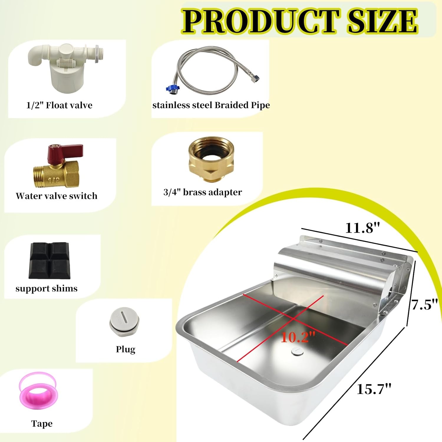 11L Automatic Dog Water Dispenser, 304 Stainless Steel with Water Valve Switcher and 3/4'' Brass Adapter, with Drain Hole for Dog, Cat, Alpaca, Chickens, Livestock