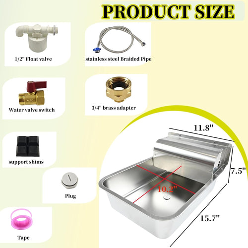 11L Automatic Dog Water Dispenser, 304 Stainless Steel with Water Valve Switcher and 3/4'' Brass Adapter, with Drain Hole for Dog, Cat, Alpaca, Chickens, Livestock