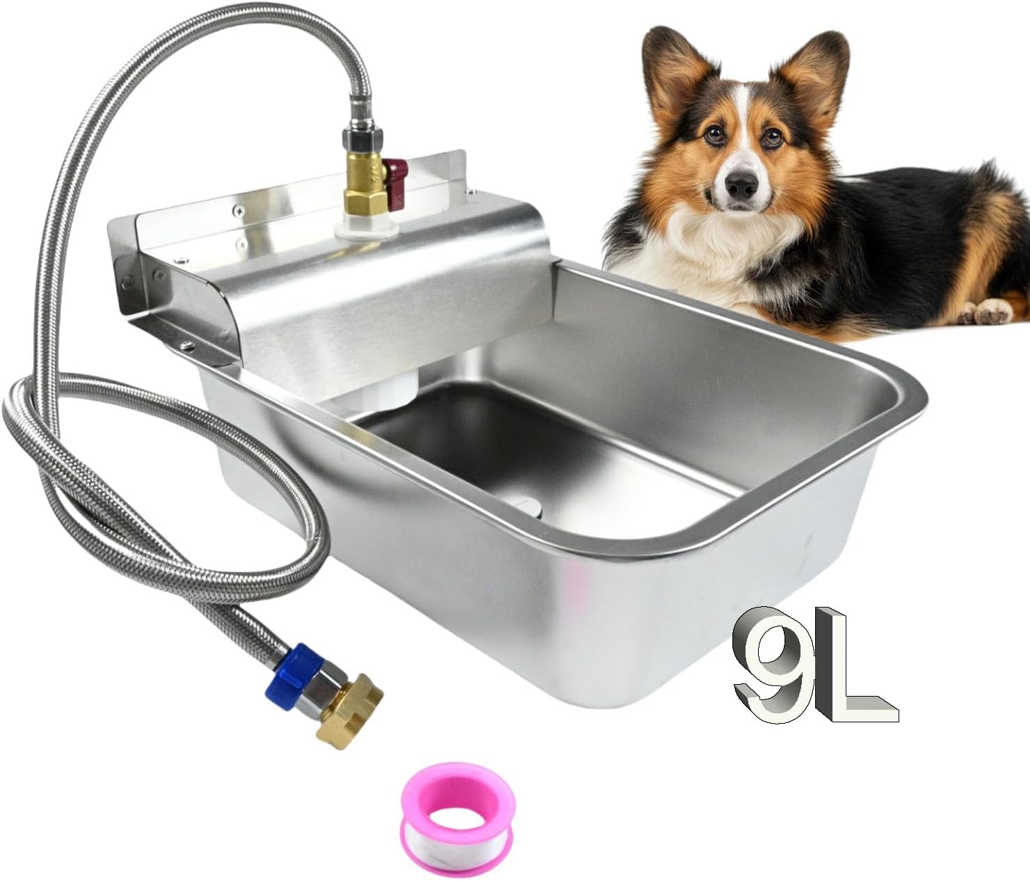 11L Automatic Dog Water Dispenser, 304 Stainless Steel with Water Valve Switcher and 3/4'' Brass Adapter, with Drain Hole for Dog, Cat, Alpaca, Chickens, Livestock