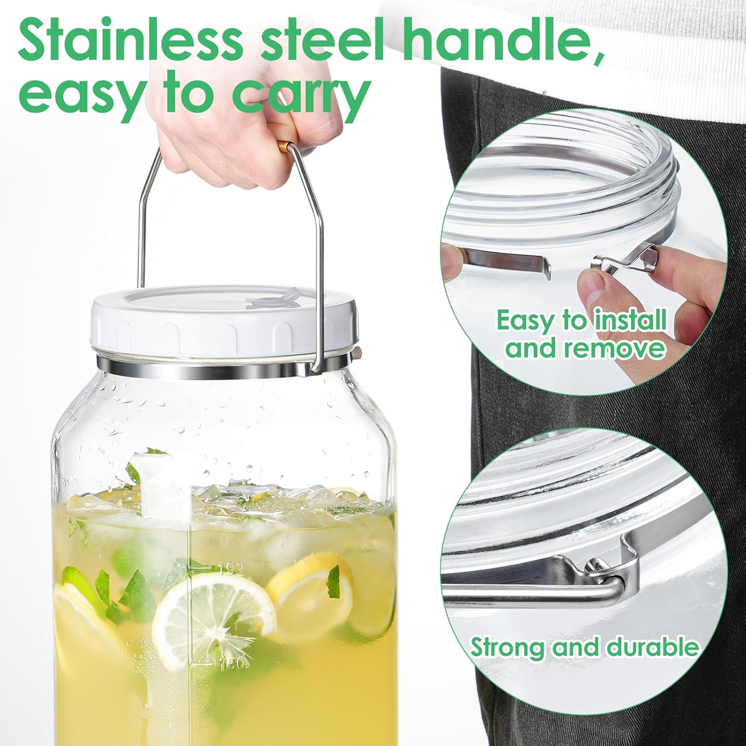 2 Gallon Drink Dispenser for Parties（7600ML）, 1 Pack Leak Proof Beverage Dispenser with Stand AND Handle, Glass Water Dispenser with Stainless Steel Spigot & Scale Mark & Chalkboard