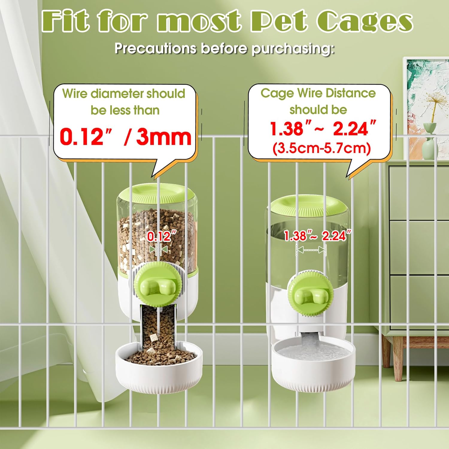 0.9L Hanging Automatic Cat Water Dispenser, 1.3L Auto Gravity Pet Feeder, Cage Cat Dog Food and Water Dispenser Set for Kitten Puppy Bunny Guinea Pig (Green)
