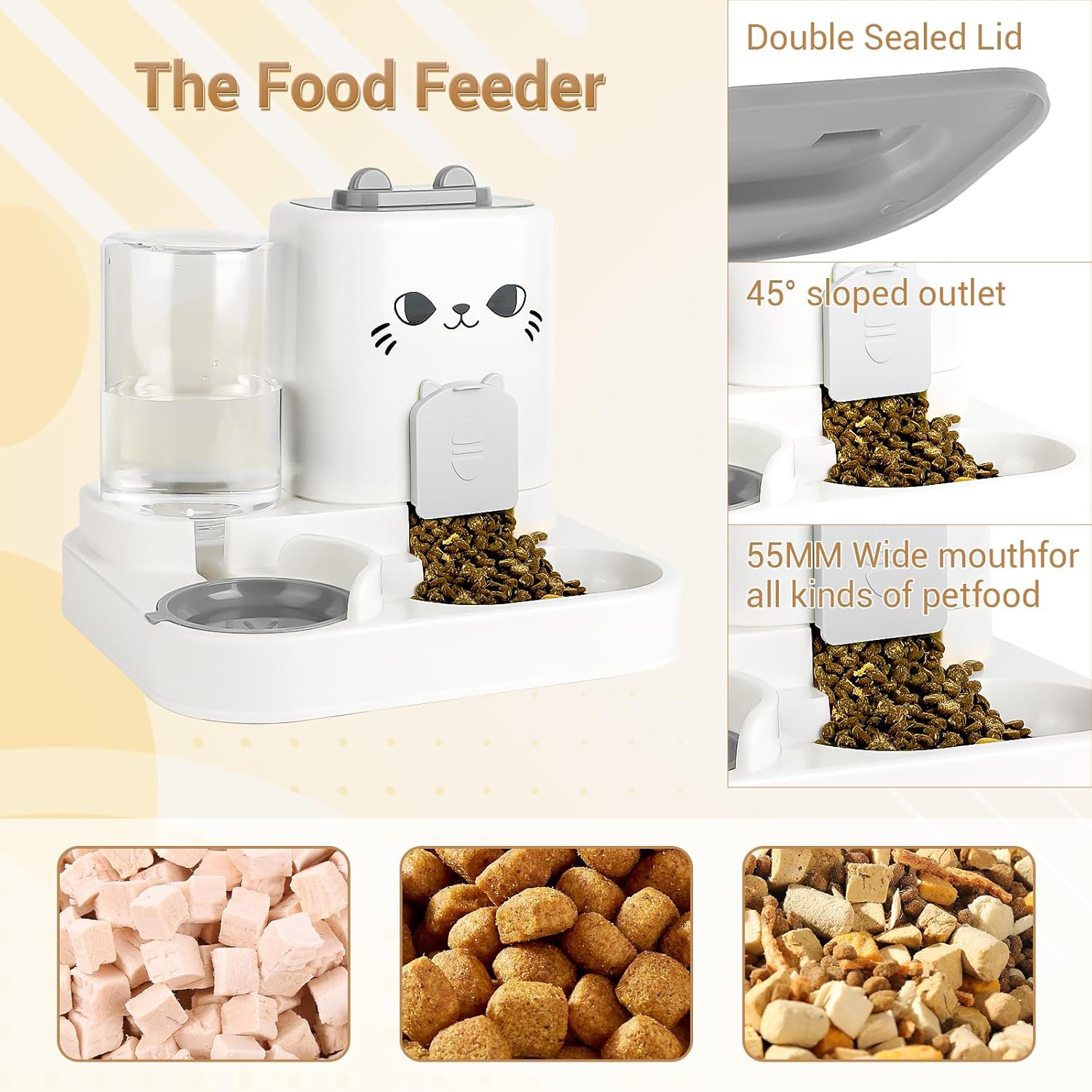 2-in-1 Gravity Pet Feeder & Water Dispenser for Cats Dogs - Large Capacity Cat Food Station with Water Bowl, Travel-Friendly (Gray)