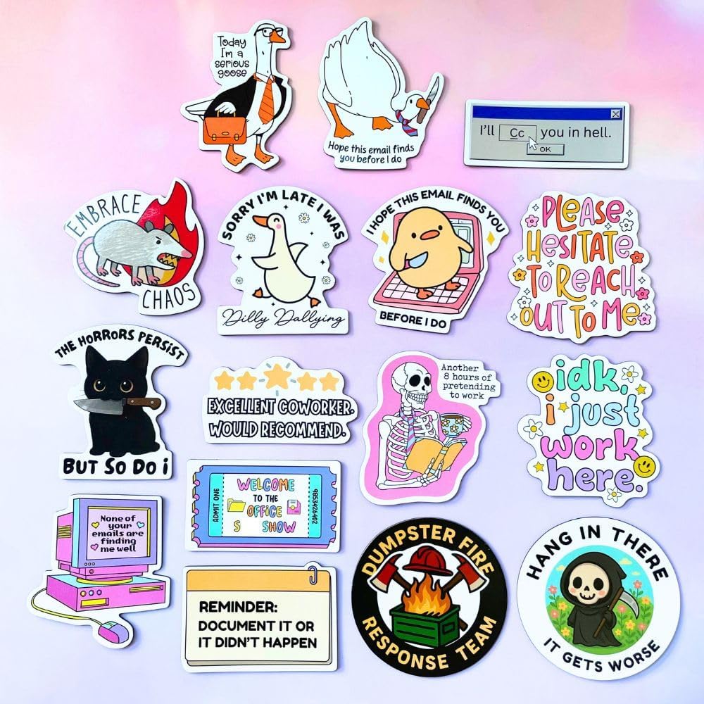 16PC Funny Work Magnets Cute Meme Fun Hilarious Witty Sarcastic Decor Goose Duck Skeleton Decorative Animal Accessories Kitchen Magnet for Refrigerator Locker Office Gifts for Coworkers Friends