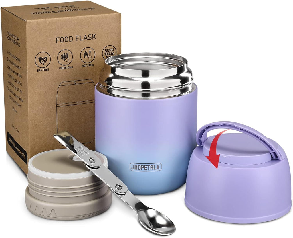 17 oz Insulated Lunch Containers Hot Food Jar, Wide Mouth Soup Thermo for Hot Food Kids Adults, Vacuum Stainless Steel Thermo Lunch Box With Handle Folding Spoon for School, Office (Blue-Pink)