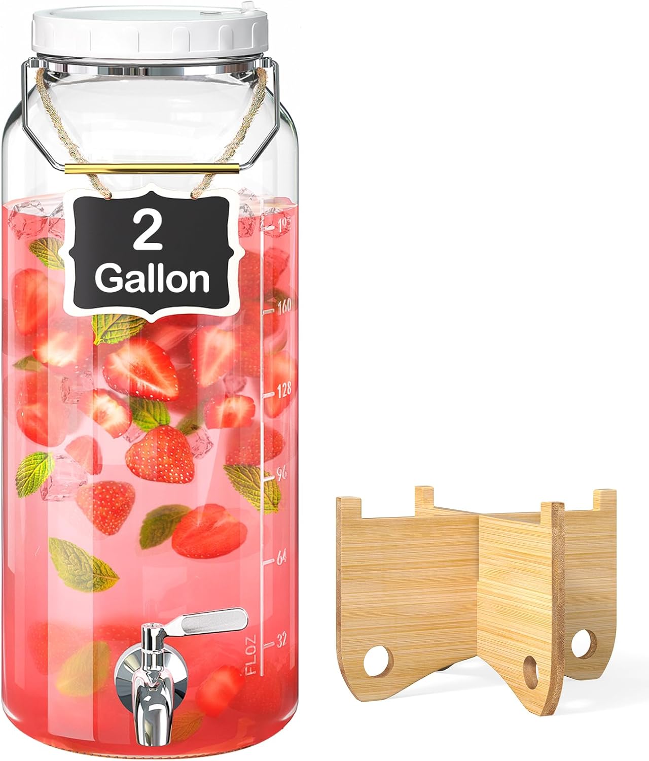 2 Gallon Drink Dispenser for Parties（7600ML）, 1 Pack Leak Proof Beverage Dispenser with Stand AND Handle, Glass Water Dispenser with Stainless Steel Spigot & Scale Mark & Chalkboard