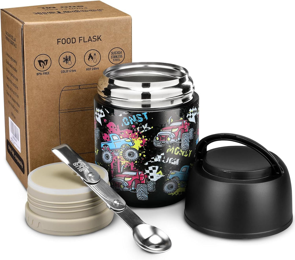 17 oz Insulated Lunch Containers Hot Food Jar, Wide Mouth Soup Thermo for Hot Food Kids Adults, Vacuum Stainless Steel Thermo Lunch Box With Handle Folding Spoon for School, Office (Blue-Pink)