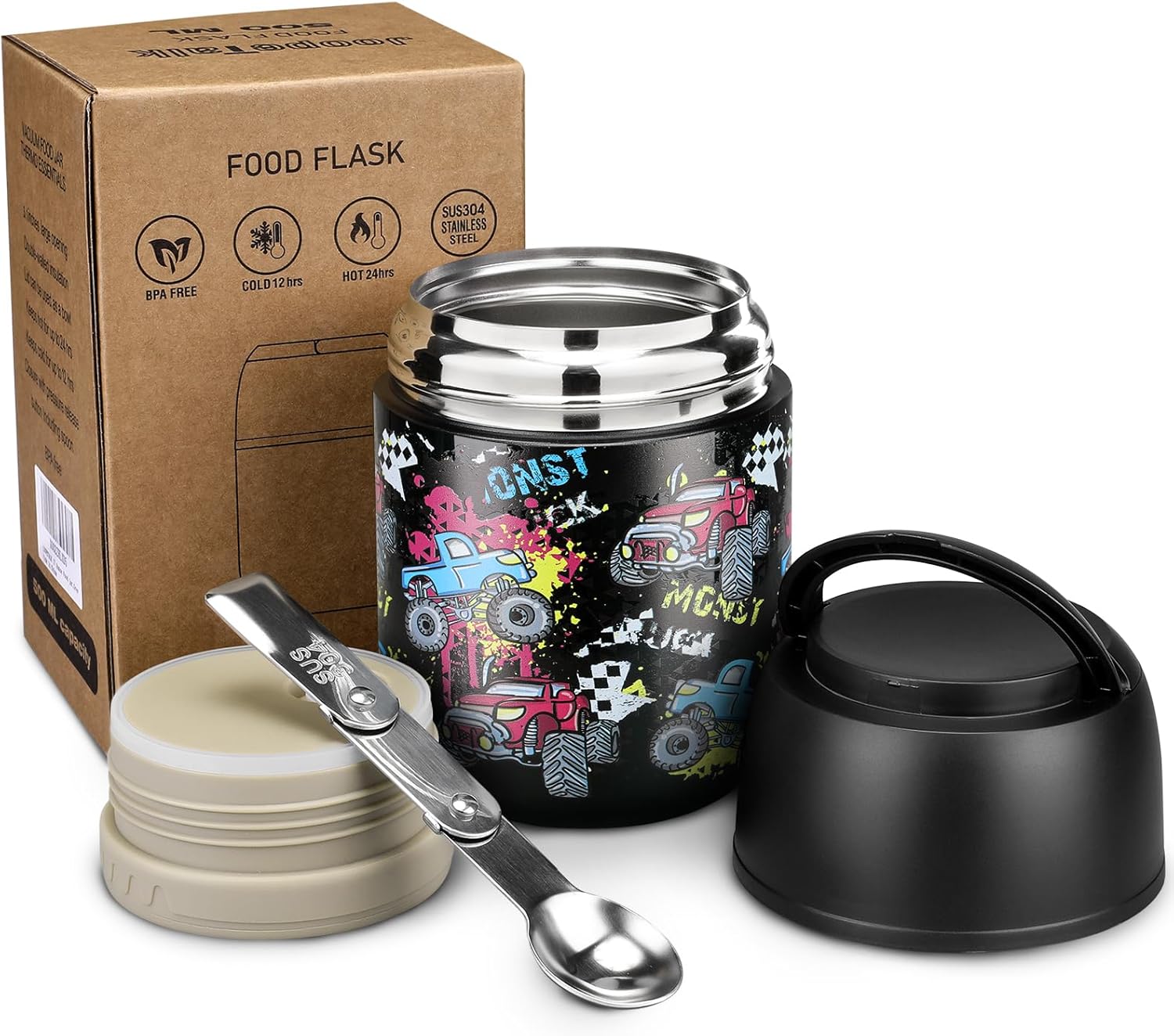 17 oz Insulated Lunch Containers Hot Food Jar, Wide Mouth Soup Thermo for Hot Food Kids Adults, Vacuum Stainless Steel Thermo Lunch Box With Handle Folding Spoon for School, Office (Blue-Pink)