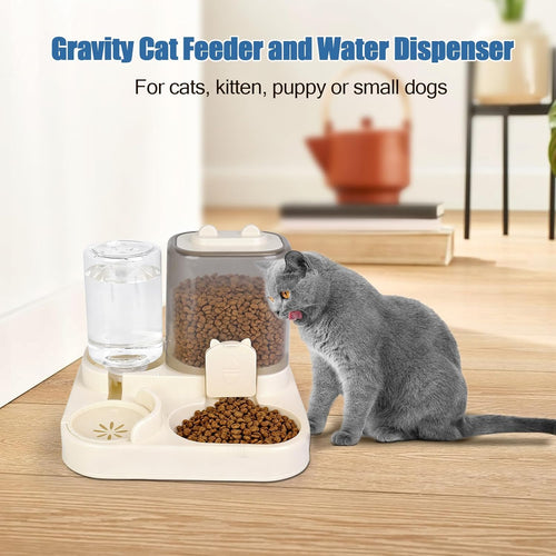 1.6L Gravity Cat Feeder and 0.6L Water Dispenser, Automatic 2 in 1 Pet Feeder and Water Dispenser for Indoor & Outdoor Cats, Puppies, Kitten, Rabbits