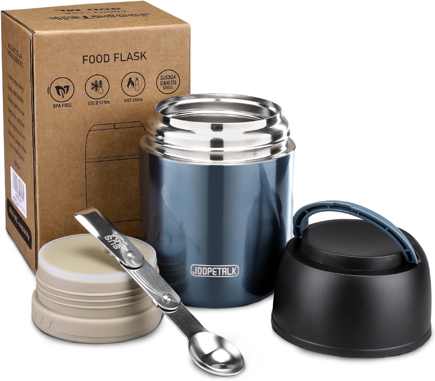 17 oz Insulated Lunch Containers Hot Food Jar, Wide Mouth Soup Thermo for Hot Food Kids Adults, Vacuum Stainless Steel Thermo Lunch Box With Handle Folding Spoon for School, Office (Blue-Pink)