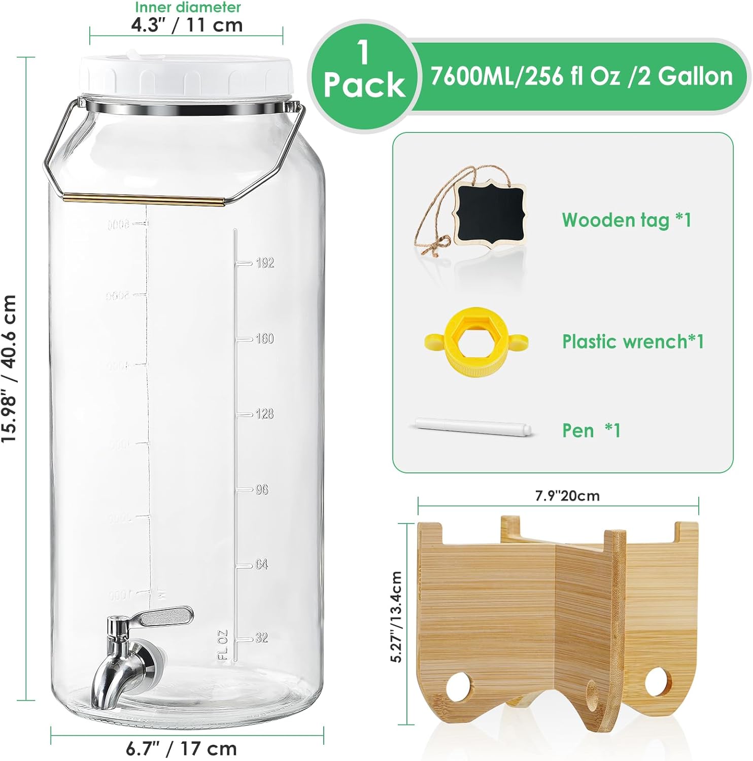 2 Gallon Drink Dispenser for Parties（7600ML）, 1 Pack Leak Proof Beverage Dispenser with Stand AND Handle, Glass Water Dispenser with Stainless Steel Spigot & Scale Mark & Chalkboard