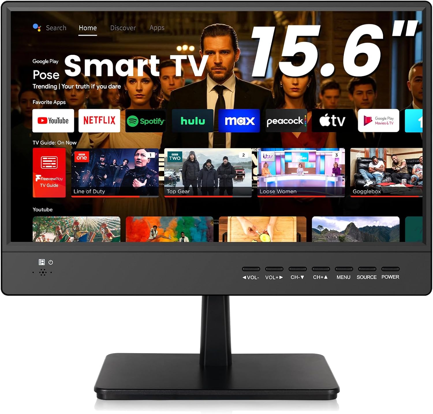 15.6 Inch Small Smart TV Full HD 1080P IPS,Compact Flat Screen Smart TV with Built-in APP,Digital ATSC Tuner,HDMI/USB/VGA Inputs,12V Car Charger Small Smart tv for Kitchen,Bedroom,RVs,Camper