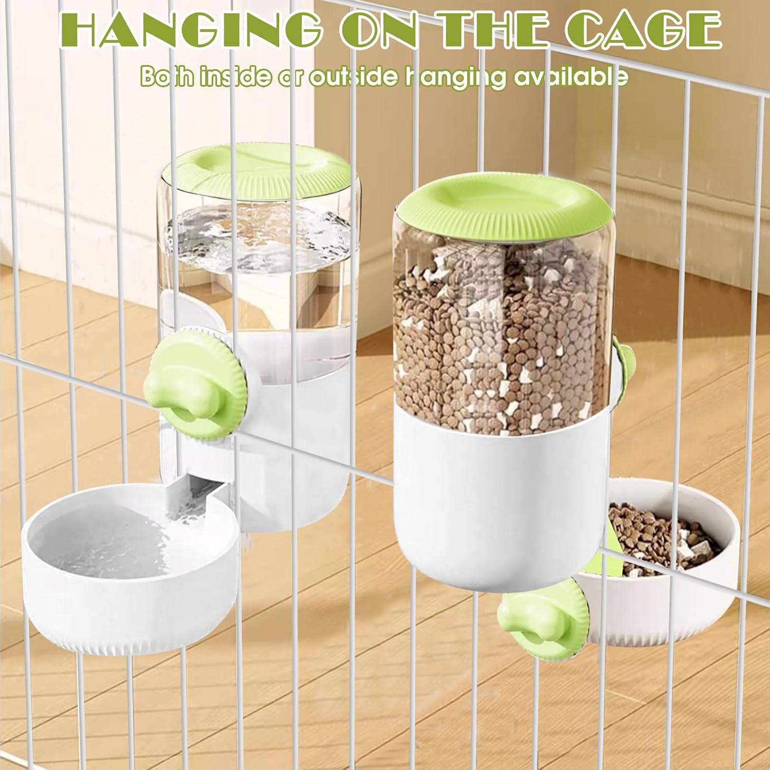 0.9L Hanging Automatic Cat Water Dispenser, 1.3L Auto Gravity Pet Feeder, Cage Cat Dog Food and Water Dispenser Set for Kitten Puppy Bunny Guinea Pig (Green)