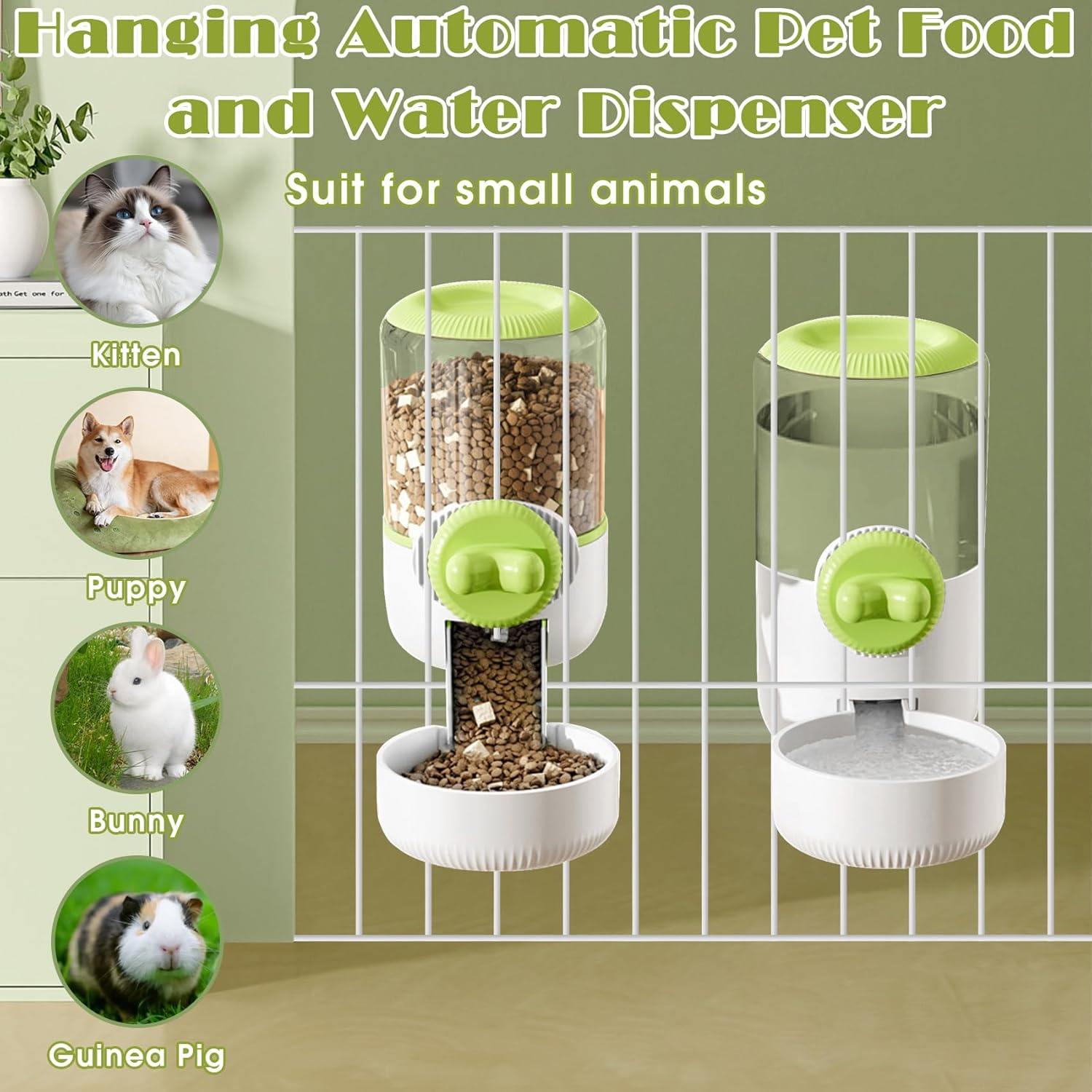 0.9L Hanging Automatic Cat Water Dispenser, 1.3L Auto Gravity Pet Feeder, Cage Cat Dog Food and Water Dispenser Set for Kitten Puppy Bunny Guinea Pig (Green)