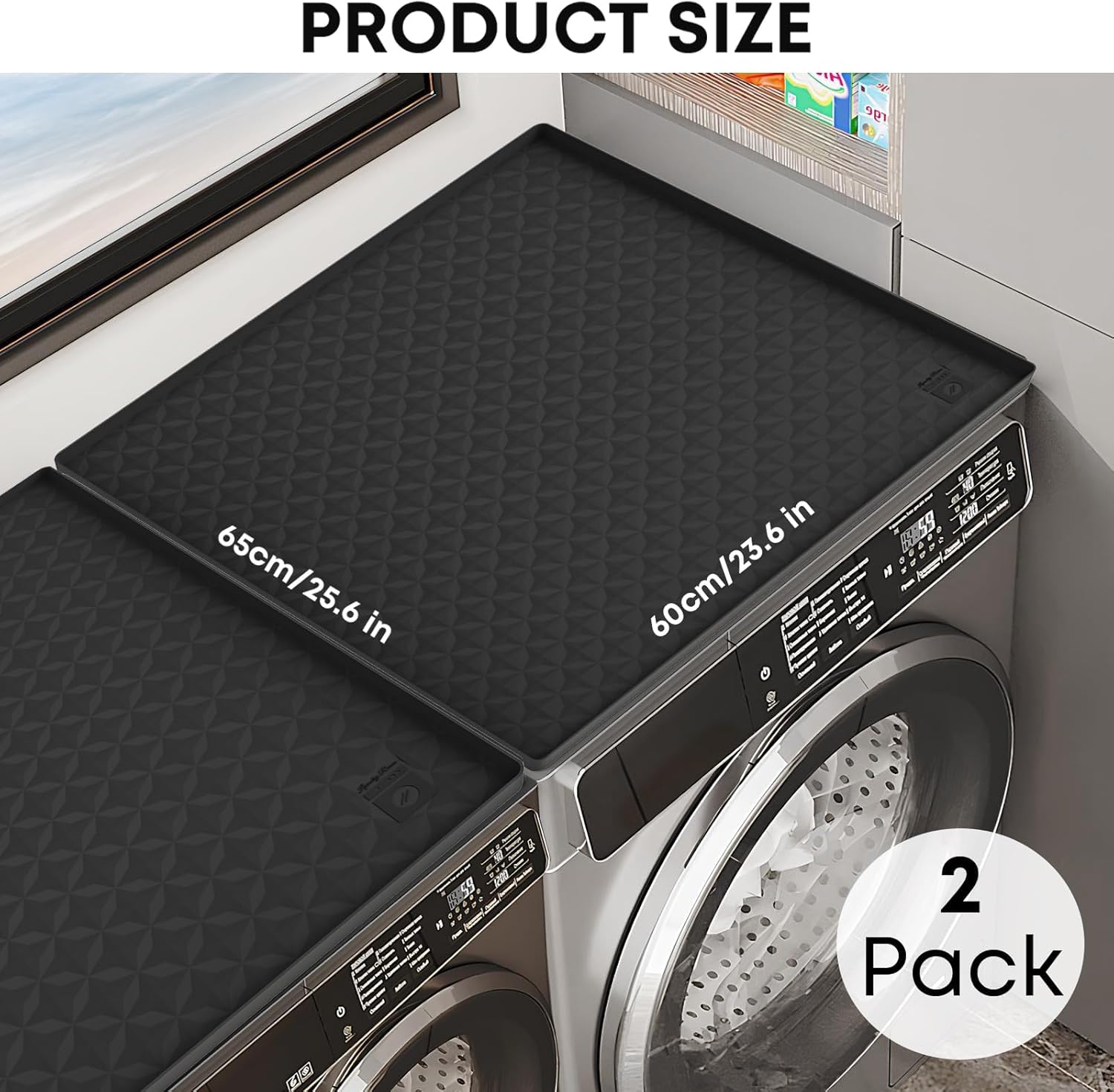 2 PCS Washer and Dryer Covers for the Top, 25.6''x 23.6'' Silicone Dryer Top Protector Mat Non-slip Waterproof Washing Machine Cover Protector Top Load for Laundry & Kitchen (Black)