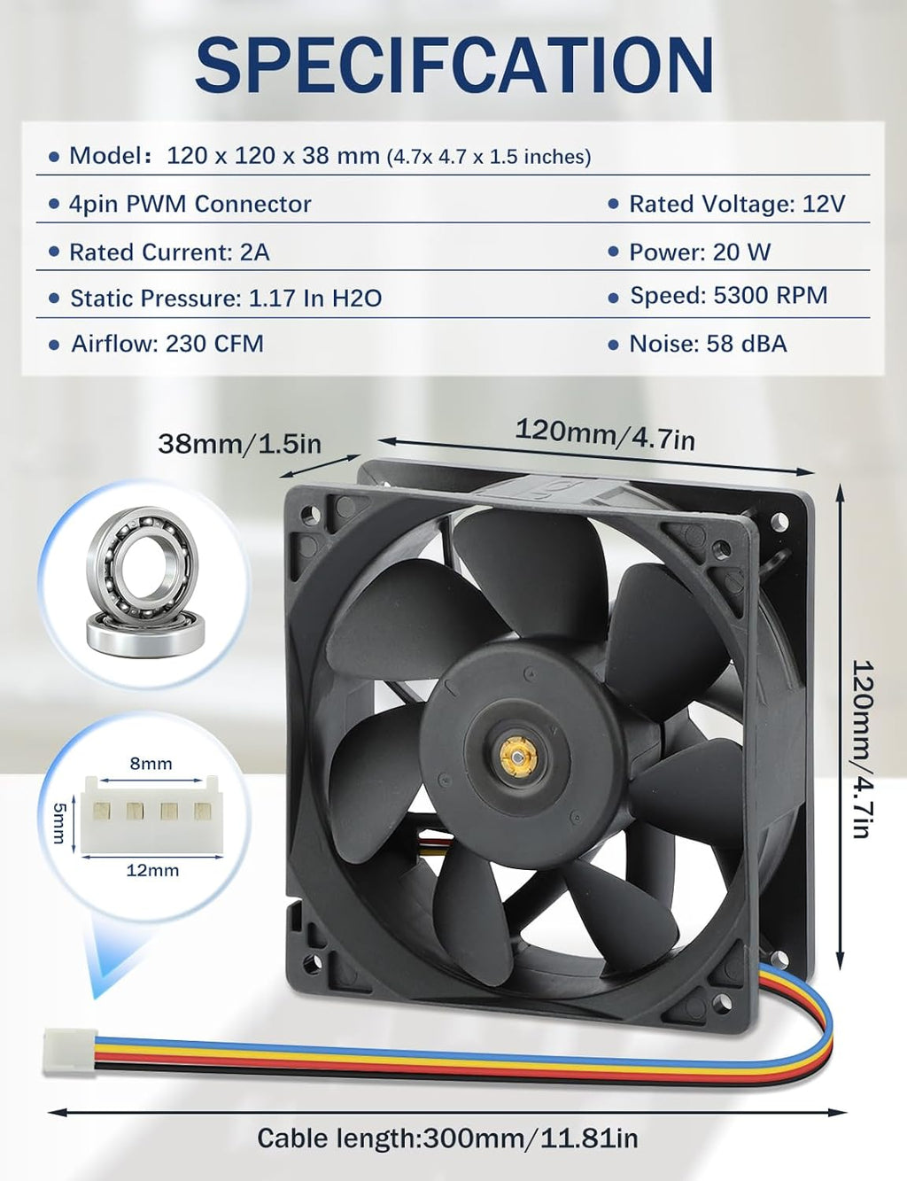120mm x 38mm PWM 4Pin Computer Fan 12v DC Dual Ball Bearing Cooling Fan for CPU Server CPU Case mid-Tower Heat-Sink Desktop