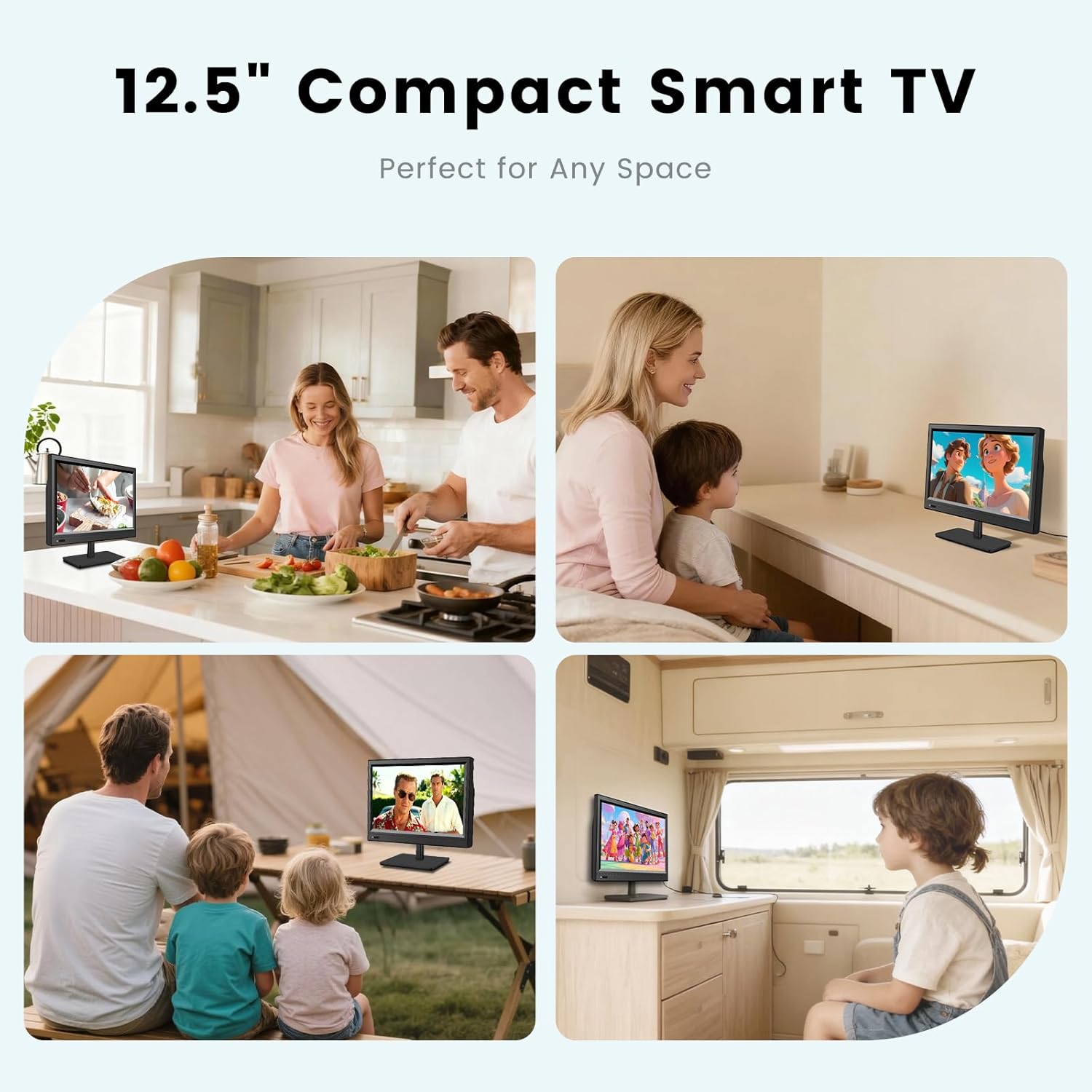 12.5 Inch Small Smart TV Full HD 1080P, Compact Flat Screen Smart TV with Built-in APP,Digital ATSC Tuner,USB/VGA/HDMI Inputs,12V Car Charger Small Smart tv for Kitchen,Bedroom,RVs,Camper