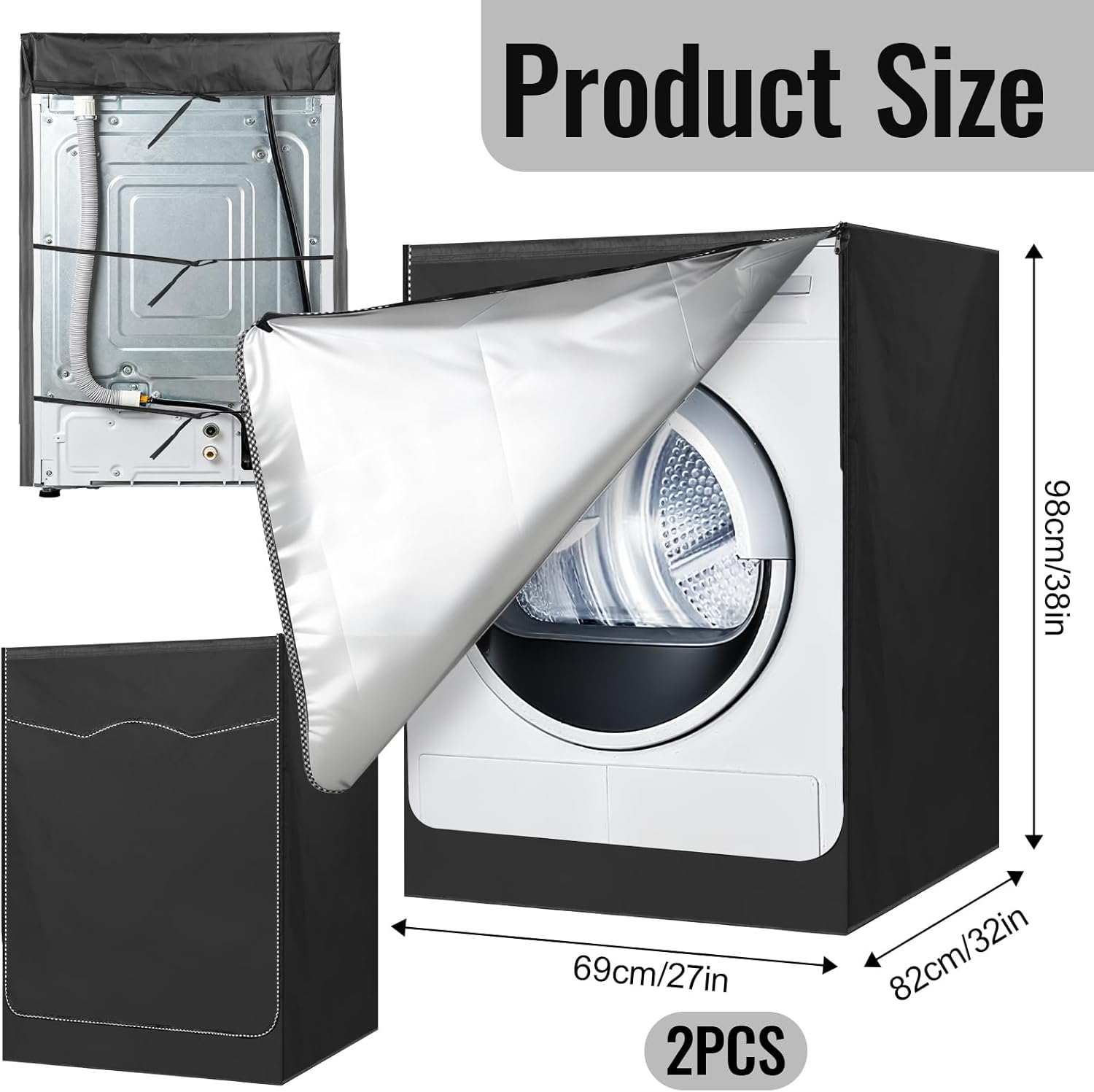 2 Pack Black Washer and Dryer Covers Fit for Most 7.5-12 kg Front-loading Machine, Waterproof and Dust Proof Washing Machine Cover/Dryer Cover, W27”x D33”x H39”