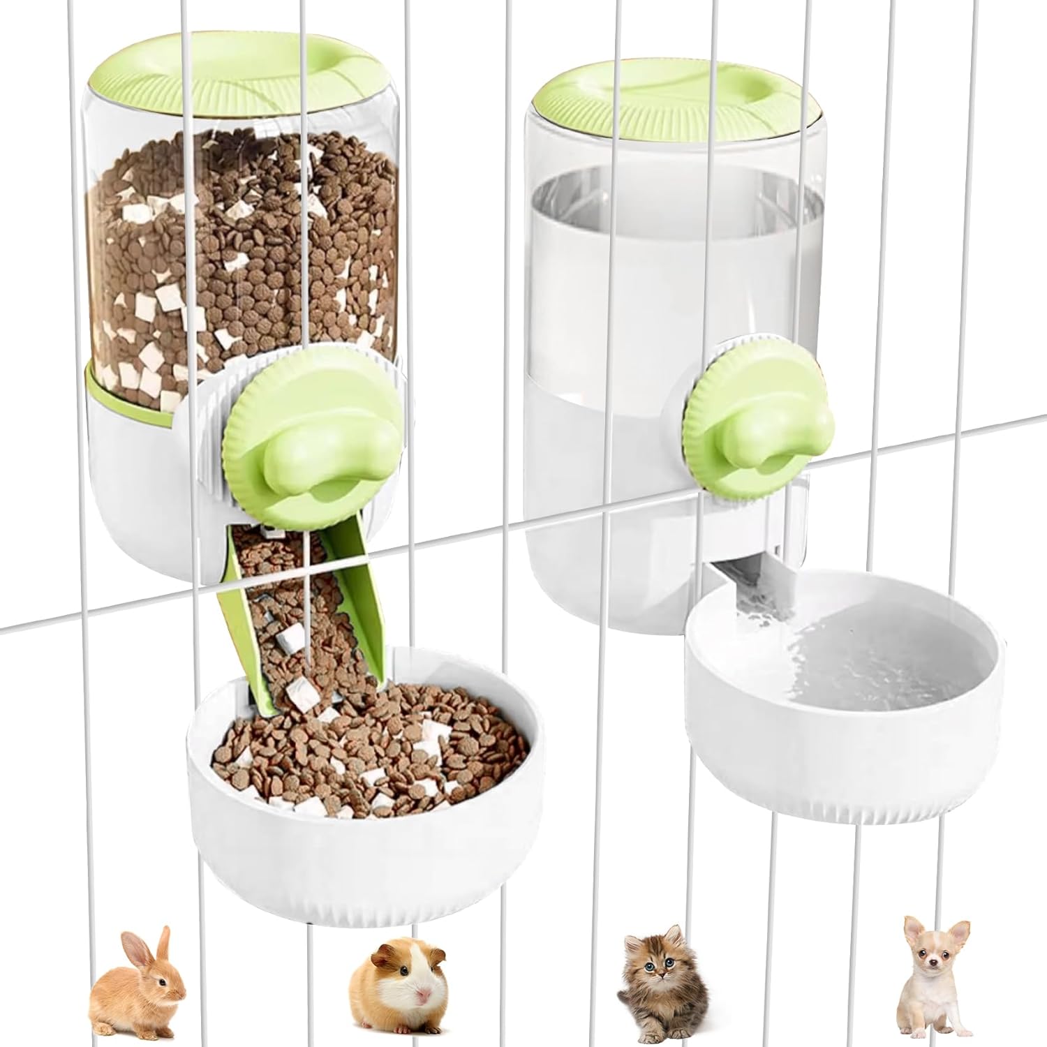 0.9L Hanging Automatic Cat Water Dispenser, 1.3L Auto Gravity Pet Feeder, Cage Cat Dog Food and Water Dispenser Set for Kitten Puppy Bunny Guinea Pig (Green)