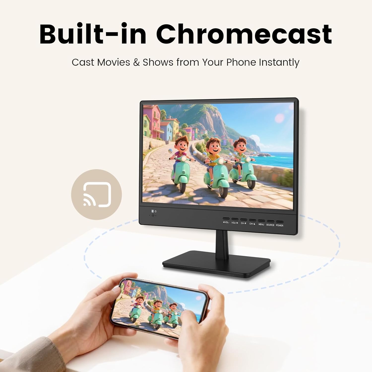 15.6 Inch Small Smart TV Full HD 1080P IPS,Compact Flat Screen Smart TV with Built-in APP,Digital ATSC Tuner,HDMI/USB/VGA Inputs,12V Car Charger Small Smart tv for Kitchen,Bedroom,RVs,Camper