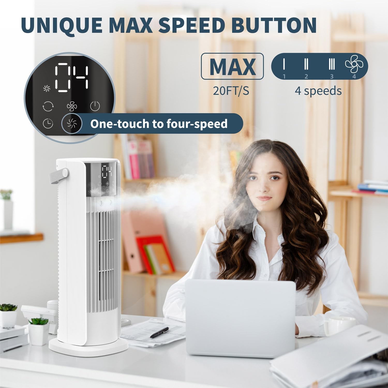 16'' Misting Tower Fan, 700ml Tank, 90° Oscillating Fan w/Remote, Bladeless Desk Fan, 4 Speeds, Timer, Cooling Fan for Bedroom, Desk, Table, Office, Room