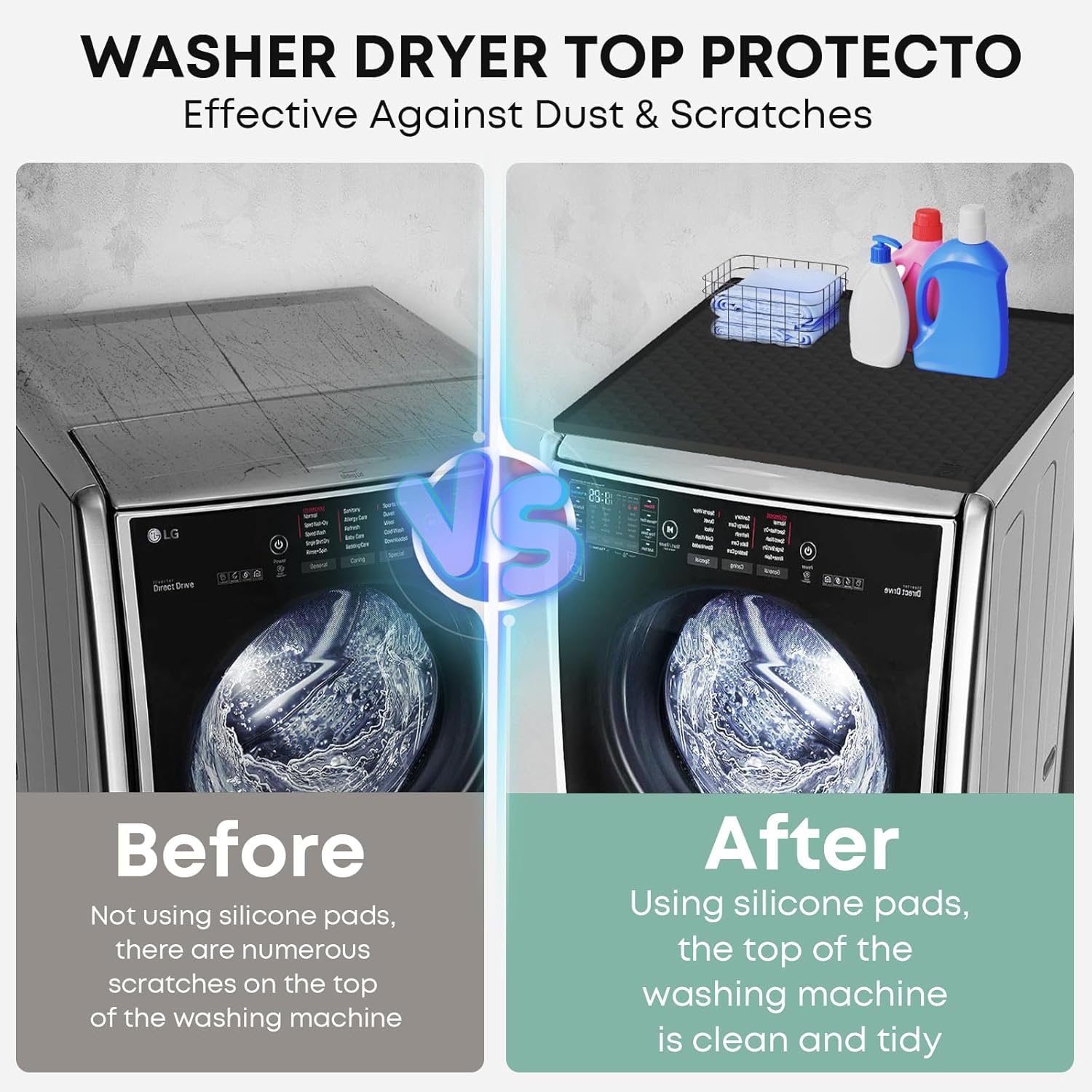 2 PCS Washer and Dryer Covers for the Top, 25.6''x 23.6'' Silicone Dryer Top Protector Mat Non-slip Waterproof Washing Machine Cover Protector Top Load for Laundry & Kitchen (Black)