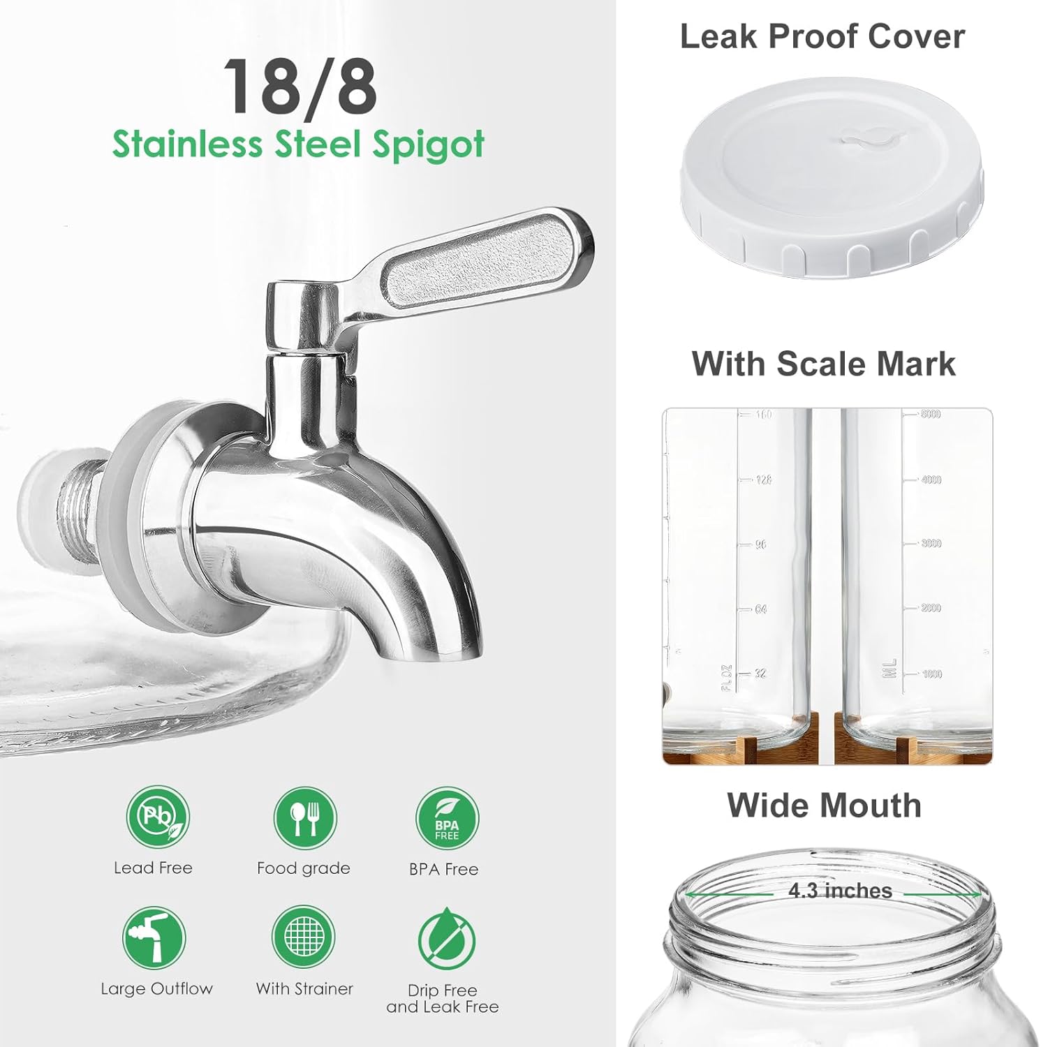 2 Gallon Drink Dispenser for Parties（7600ML）, 1 Pack Leak Proof Beverage Dispenser with Stand AND Handle, Glass Water Dispenser with Stainless Steel Spigot & Scale Mark & Chalkboard