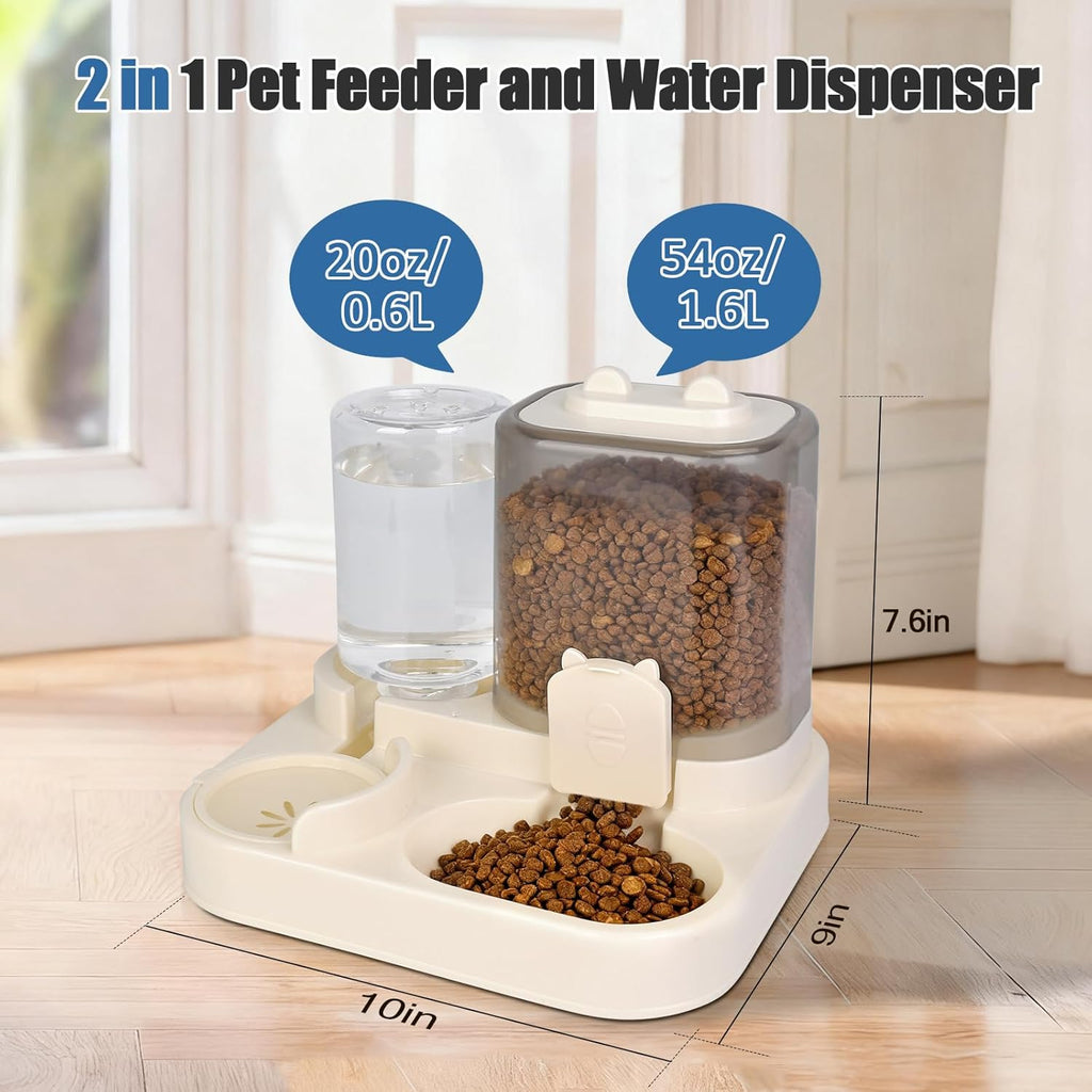 1.6L Gravity Cat Feeder and 0.6L Water Dispenser, Automatic 2 in 1 Pet Feeder and Water Dispenser for Indoor & Outdoor Cats, Puppies, Kitten, Rabbits