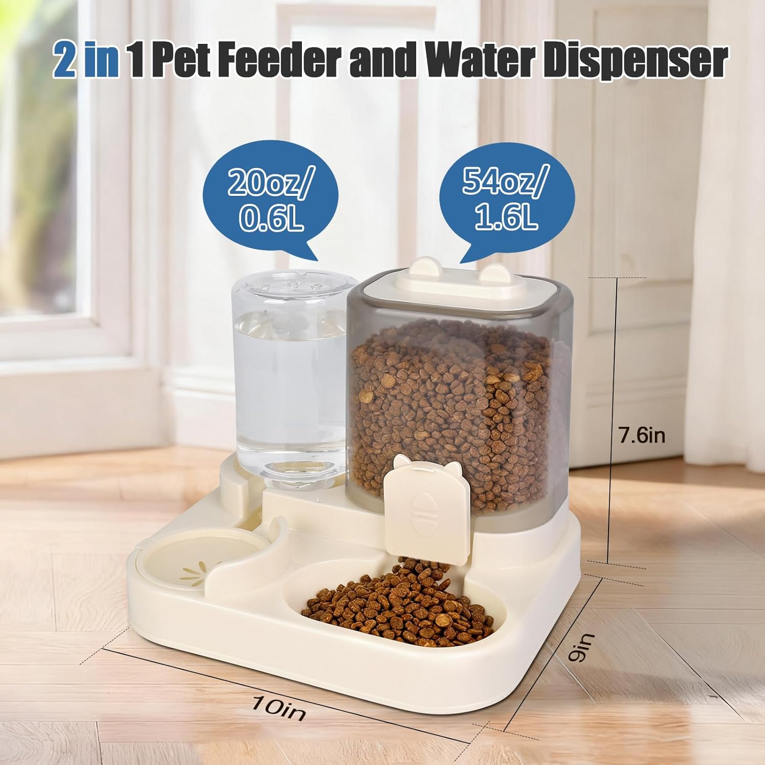 1.6L Gravity Cat Feeder and 0.6L Water Dispenser, Automatic 2 in 1 Pet Feeder and Water Dispenser for Indoor & Outdoor Cats, Puppies, Kitten, Rabbits
