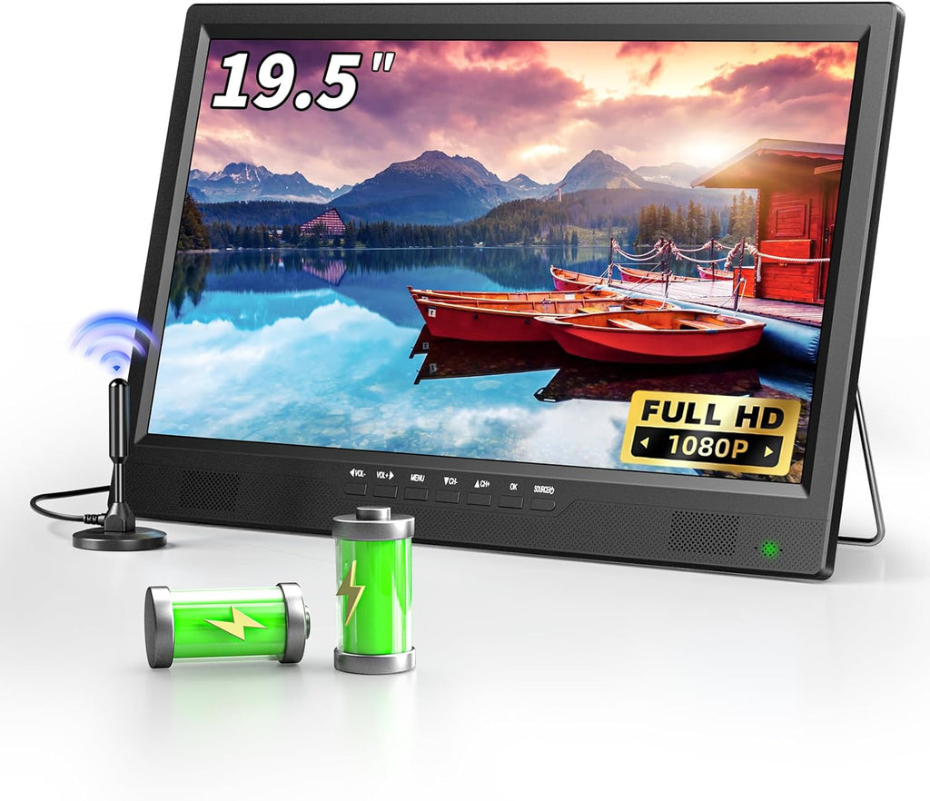 19.5" HD Portable TV with Antenna, 8000mAh Built-in Powered Operated TV for Indoor Outdoor, Rechargeable Small T V with HDMI/USB/AV Input, for Camping, Kitchen, RV, Patio, Truck, Home