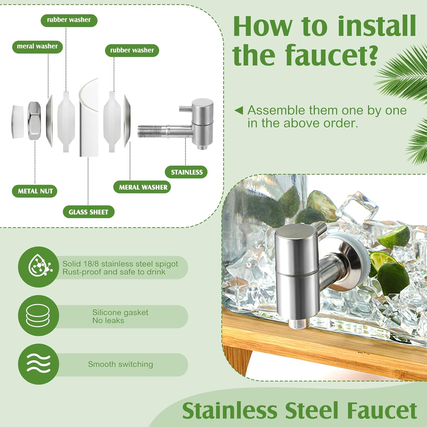 2 Set 1.5 Gallon Glass Beverage Dispenser with Wooden Stand Large Water Drink Dispensers for Parties with Leakproof Stainless Steel Spigot Glass Lid for Water, Juice, Iced Tea