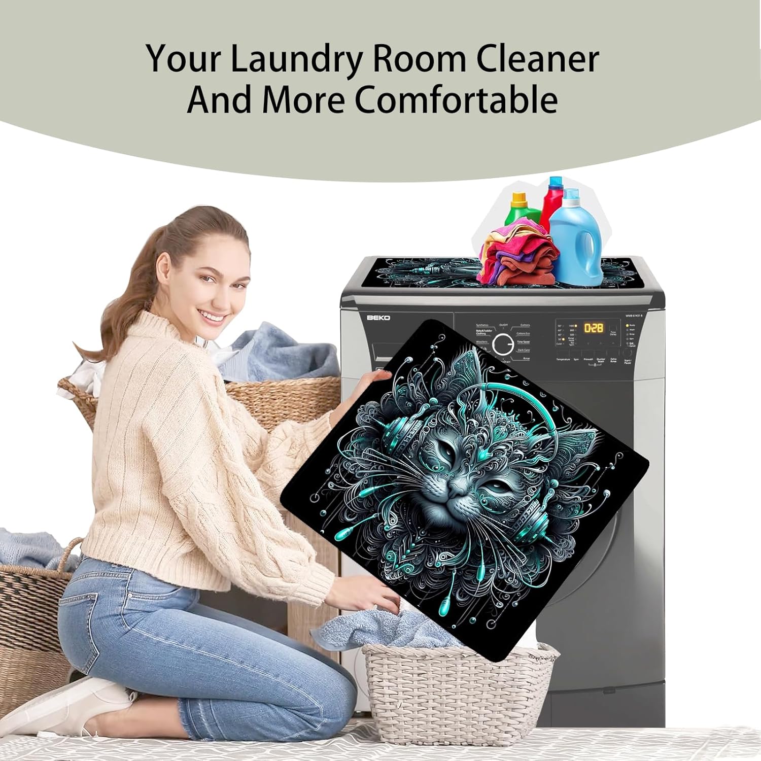 2 Pcs Washer And Dryer Covers For The Top 25.6 * 23.6 Inchesdryer Top Protector Mat Anti-Slip Washing Machine Cover Fits Most Washers And Dryers (Music Cat)