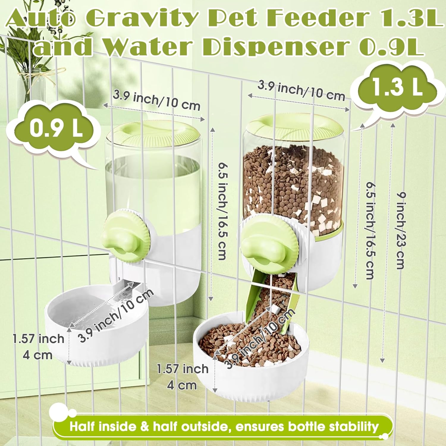 0.9L Hanging Automatic Cat Water Dispenser, 1.3L Auto Gravity Pet Feeder, Cage Cat Dog Food and Water Dispenser Set for Kitten Puppy Bunny Guinea Pig (Green)