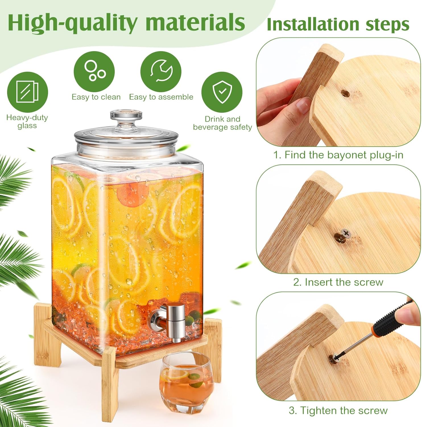 2 Set 1.5 Gallon Glass Beverage Dispenser with Wooden Stand Large Water Drink Dispensers for Parties with Leakproof Stainless Steel Spigot Glass Lid for Water, Juice, Iced Tea