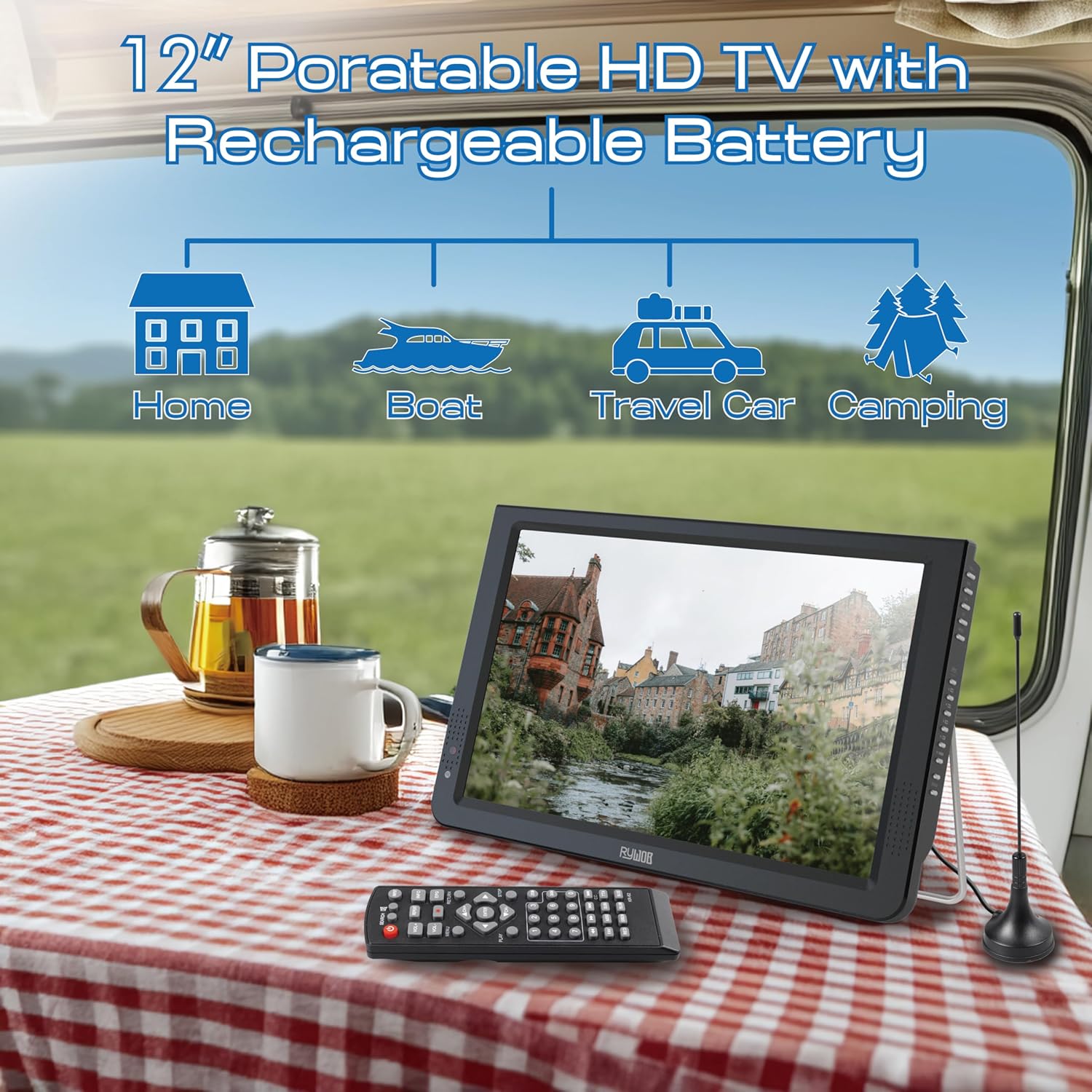 12inch Portable TV,Battery Powered TV with ATSC/HDMI/USB/SD Card/AV Input,Mini TV for Camping,Car,Travel,Emergency（Black Stand）