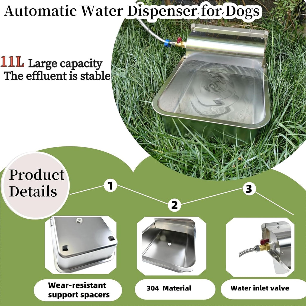 11L Automatic Dog Water Dispenser, 304 Stainless Steel with Water Valve Switcher and 3/4'' Brass Adapter, with Drain Hole for Dog, Cat, Alpaca, Chickens, Livestock