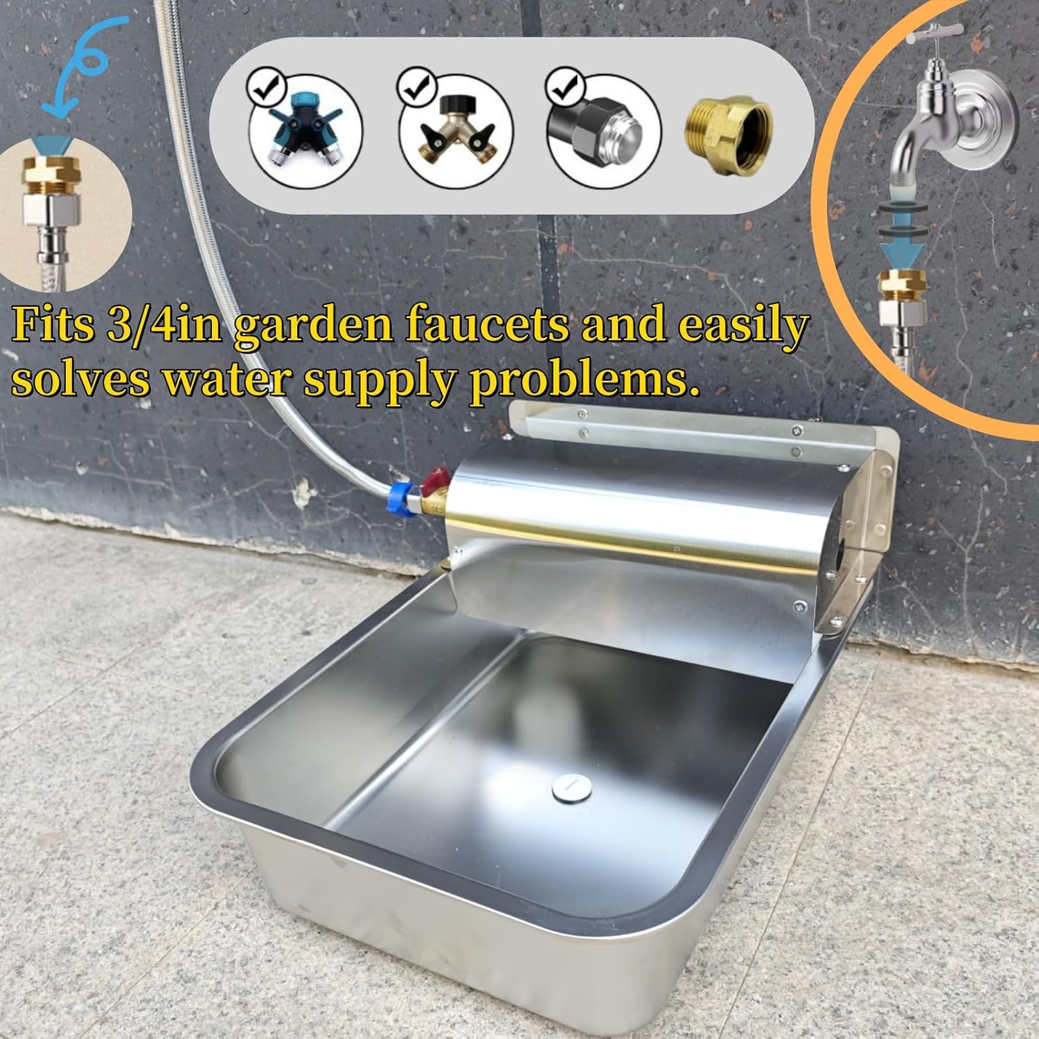 11L Automatic Dog Water Dispenser, 304 Stainless Steel with Water Valve Switcher and 3/4'' Brass Adapter, with Drain Hole for Dog, Cat, Alpaca, Chickens, Livestock
