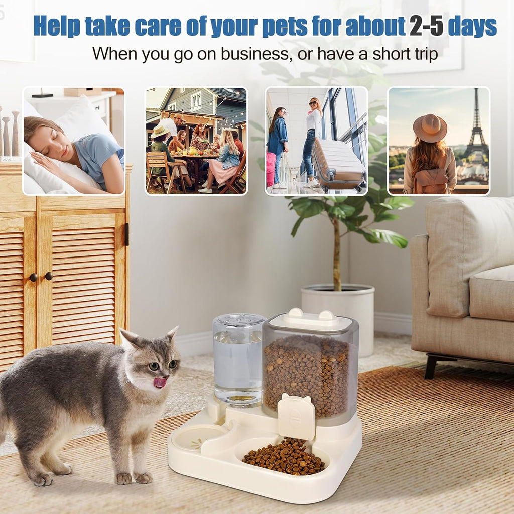 1.6L Gravity Cat Feeder and 0.6L Water Dispenser, Automatic 2 in 1 Pet Feeder and Water Dispenser for Indoor & Outdoor Cats, Puppies, Kitten, Rabbits