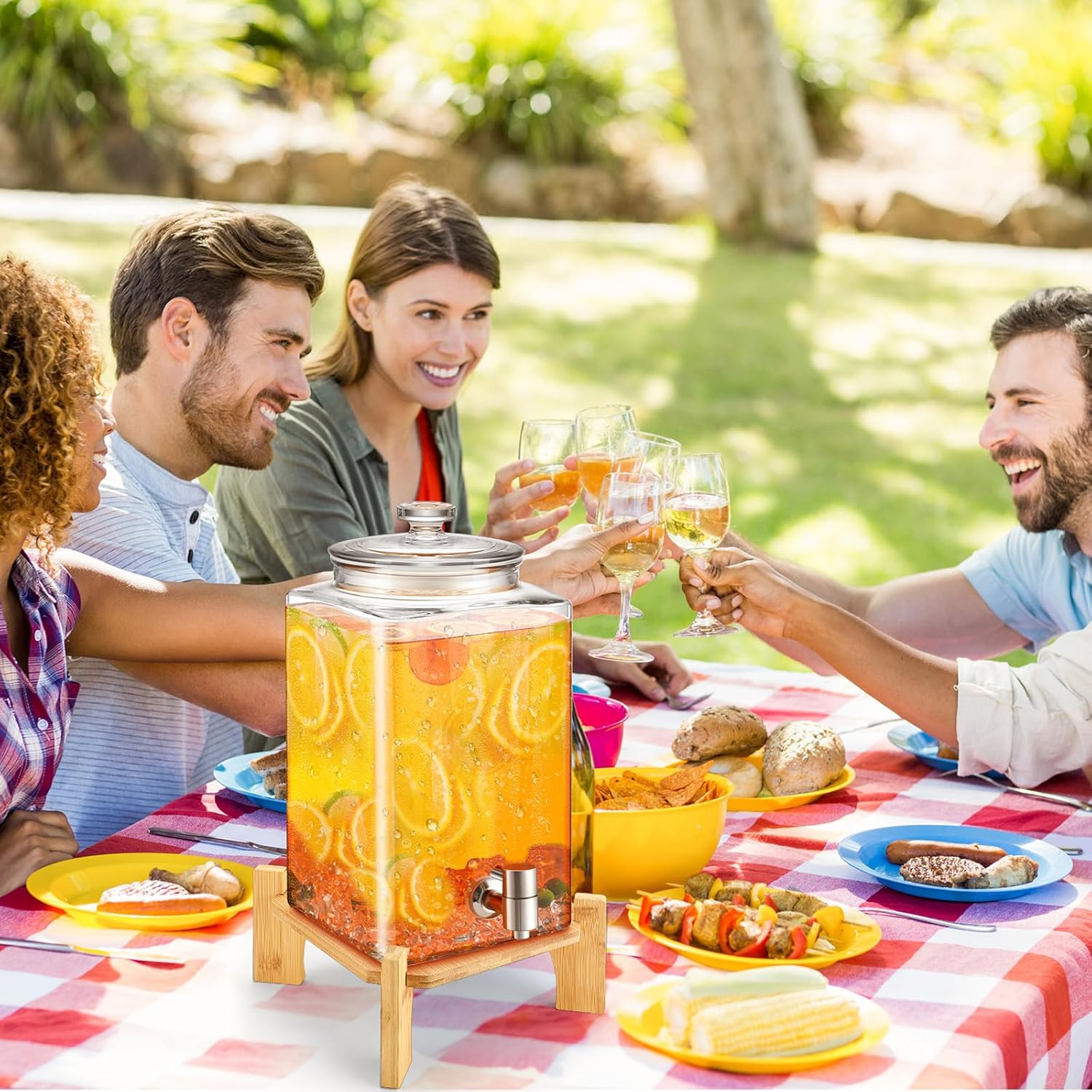 2 Set 1.5 Gallon Glass Beverage Dispenser with Wooden Stand Large Water Drink Dispensers for Parties with Leakproof Stainless Steel Spigot Glass Lid for Water, Juice, Iced Tea