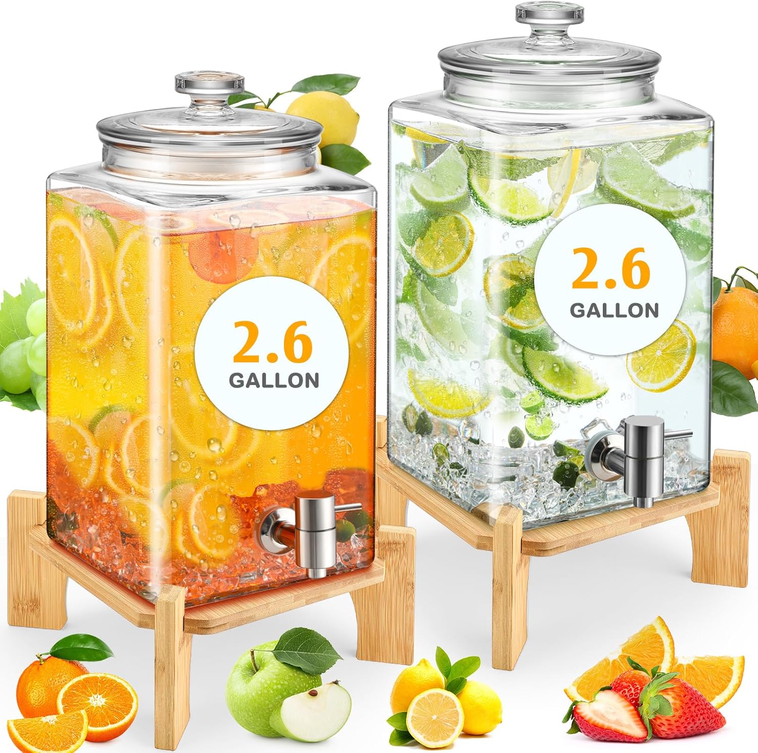 2 Set 1.5 Gallon Glass Beverage Dispenser with Wooden Stand Large Water Drink Dispensers for Parties with Leakproof Stainless Steel Spigot Glass Lid for Water, Juice, Iced Tea
