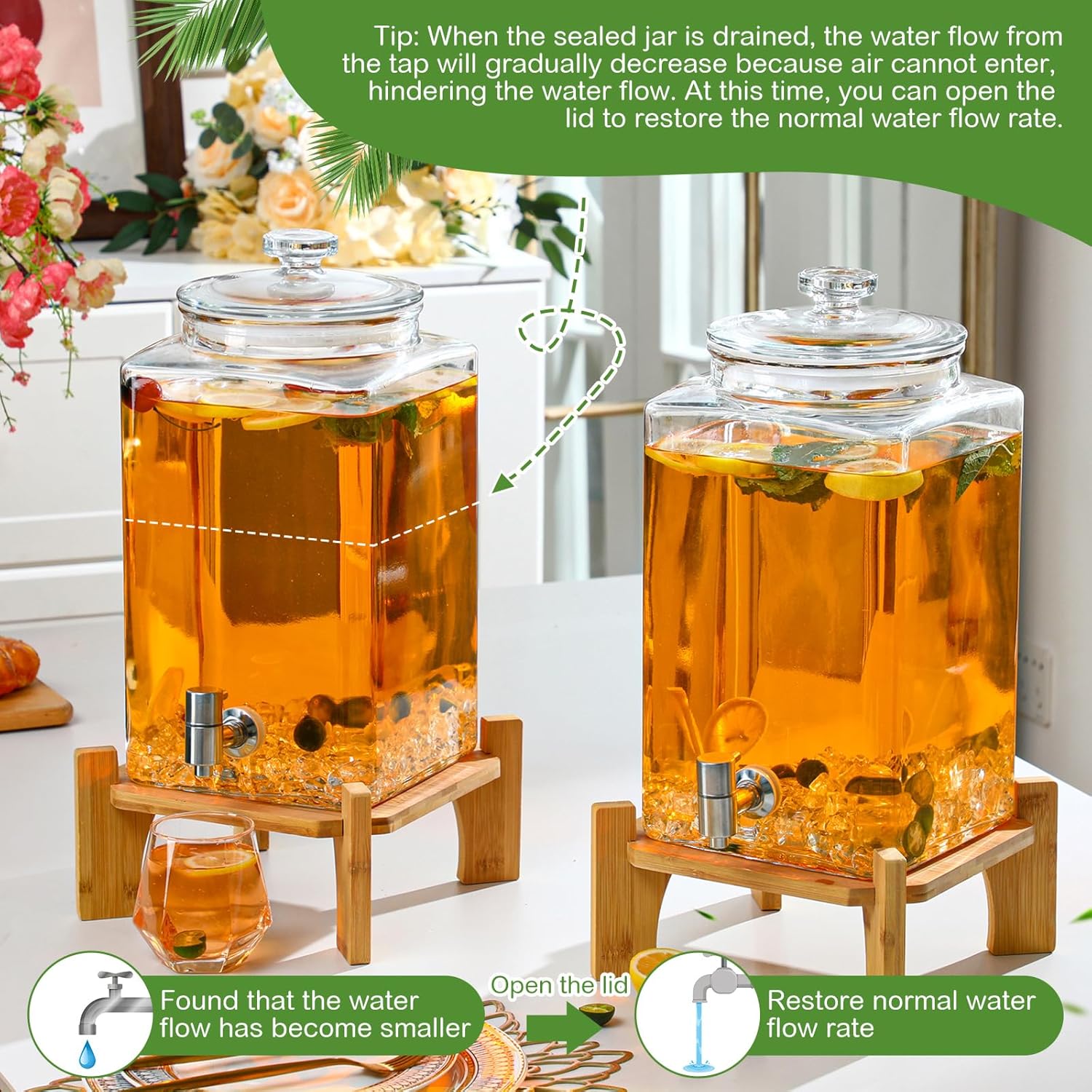 2 Set 1.5 Gallon Glass Beverage Dispenser with Wooden Stand Large Water Drink Dispensers for Parties with Leakproof Stainless Steel Spigot Glass Lid for Water, Juice, Iced Tea