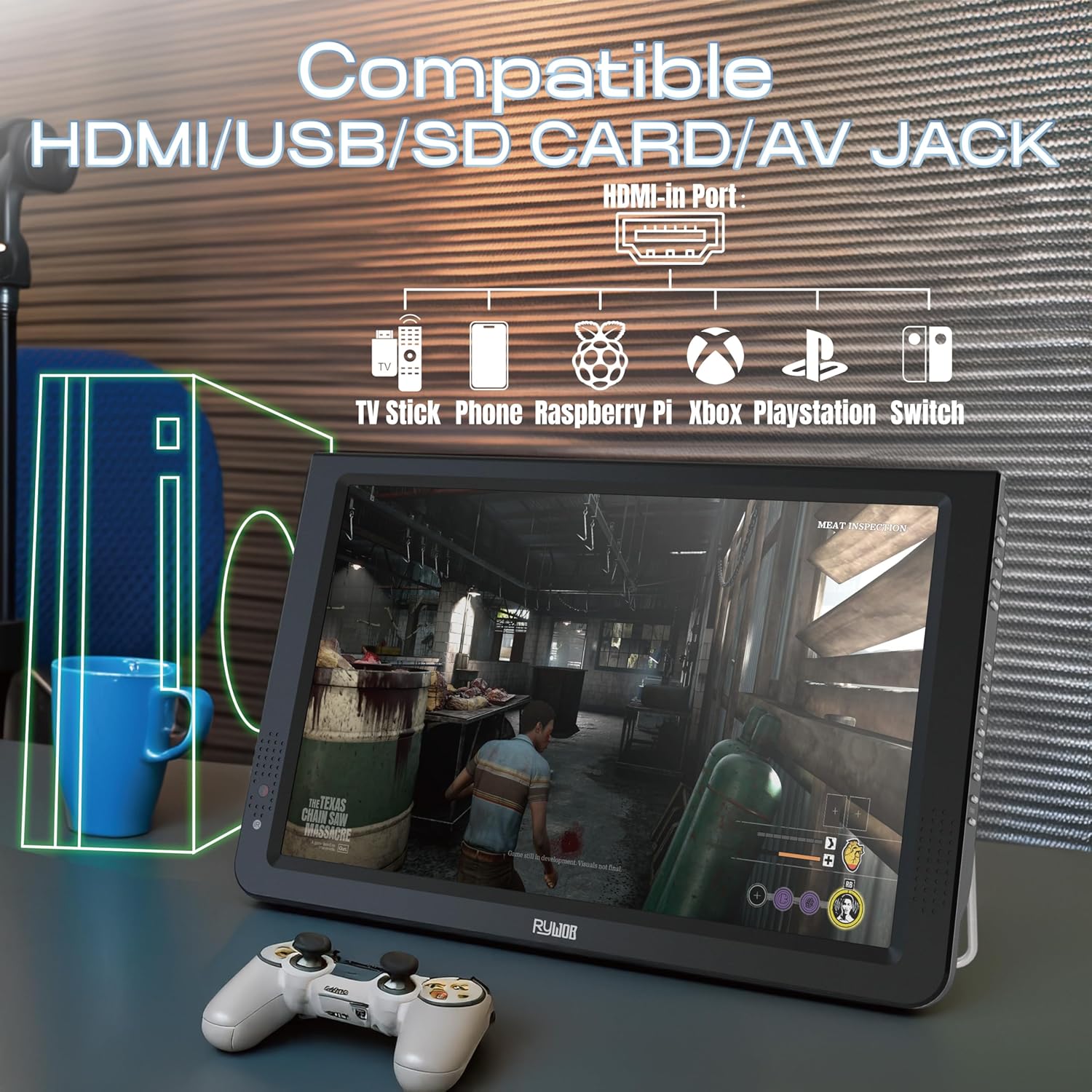 12inch Portable TV,Battery Powered TV with ATSC/HDMI/USB/SD Card/AV Input,Mini TV for Camping,Car,Travel,Emergency（Black Stand）